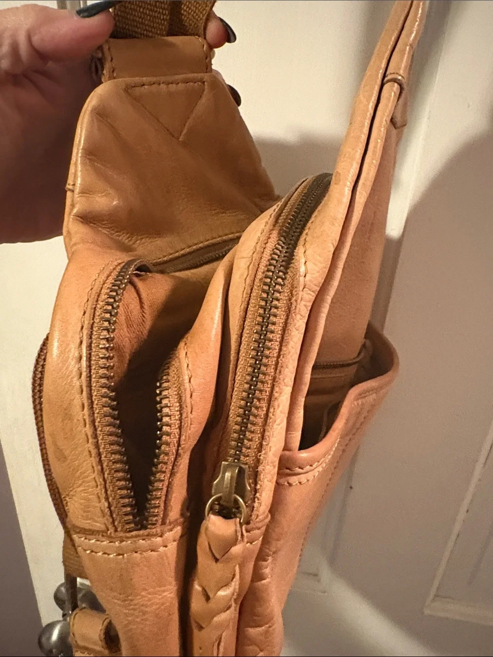 Light Brown Leather Backpack Sling Bag - Picture 3 of 6